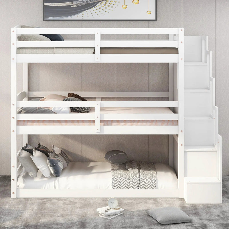 Twin Size Triple Bunk Bed With Storage Staircase, Separate Design - White by Unique Piece Furniture