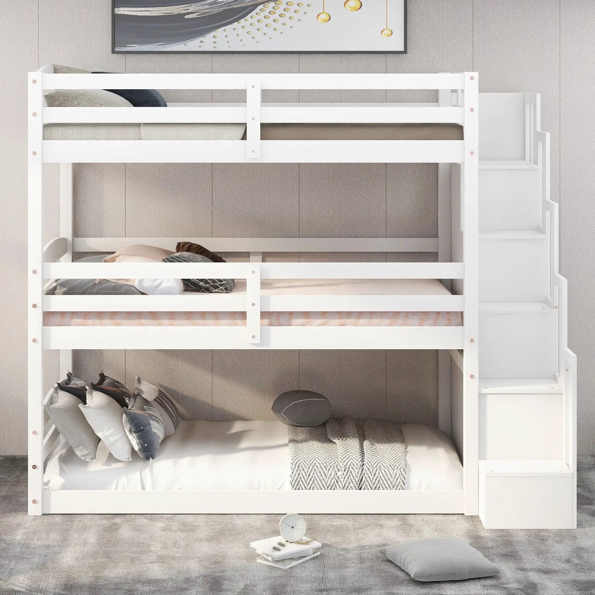 Twin Size Triple Bunk Bed With Storage Staircase, Separate Design - White by HouseOfZazla