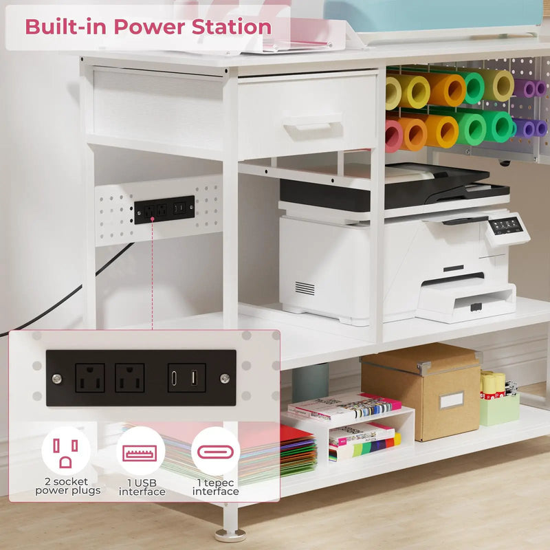 Large Heat Press Table With Charging Station, Movable Workbench For Diy Sublimation - White by HouseOfZazla