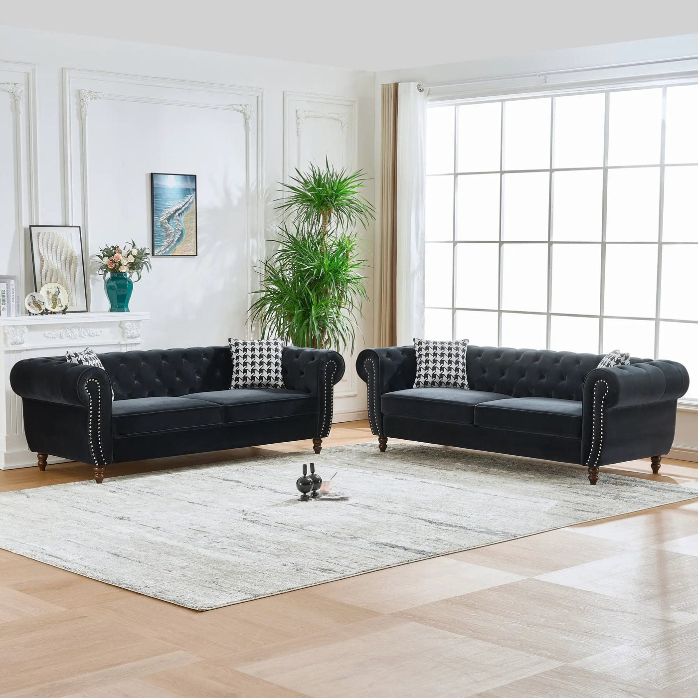 Chesterfield Upholstery Fabric Sofa With Roll Armrest & Nailhead, Mid Century Modern 3 And 3 Seater Couch by Unique Piece Furniture