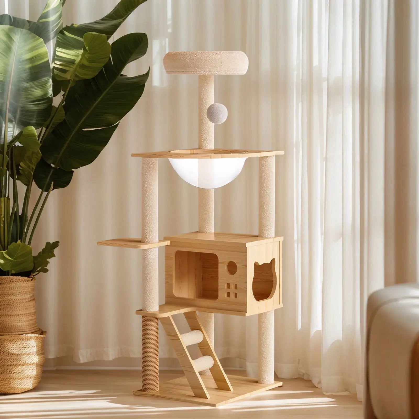Modern Cat Tower, Wood Cat Tree Tower For Indoor Cats, Cat Tree With Sisal Covered Scratching Posts And Top Perch - Natural / White by HouseOfZazla