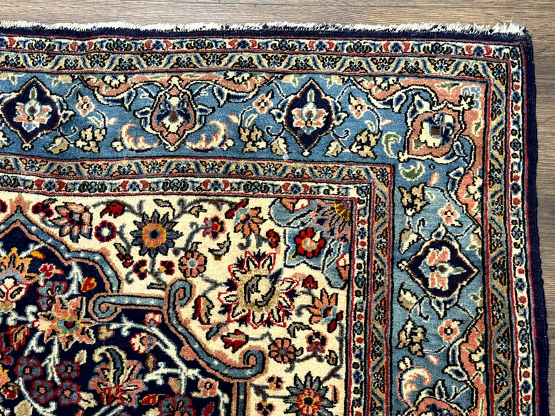Persian Qum Rug 5x7 in Navy Light Blue and Ivory, Wool wilh Silk Highlights, 225 KPSI by Jewel Rugs