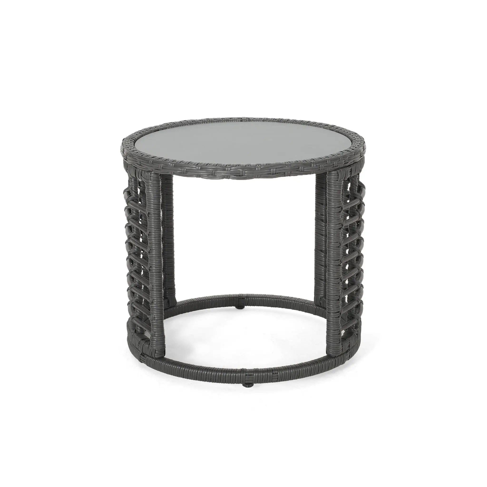 Achill Outdoor Modern Boho Wicker Side Table With Glass Top - Gray by HouseOfZazla