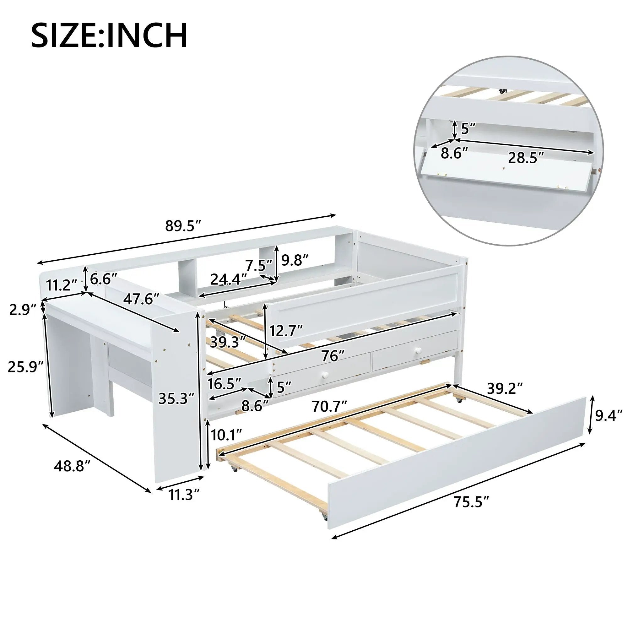 Twin Daybed With Drawers, Trundle, Headboard Storage, Study Desk, And USB Charging Station - White by HouseOfZazla