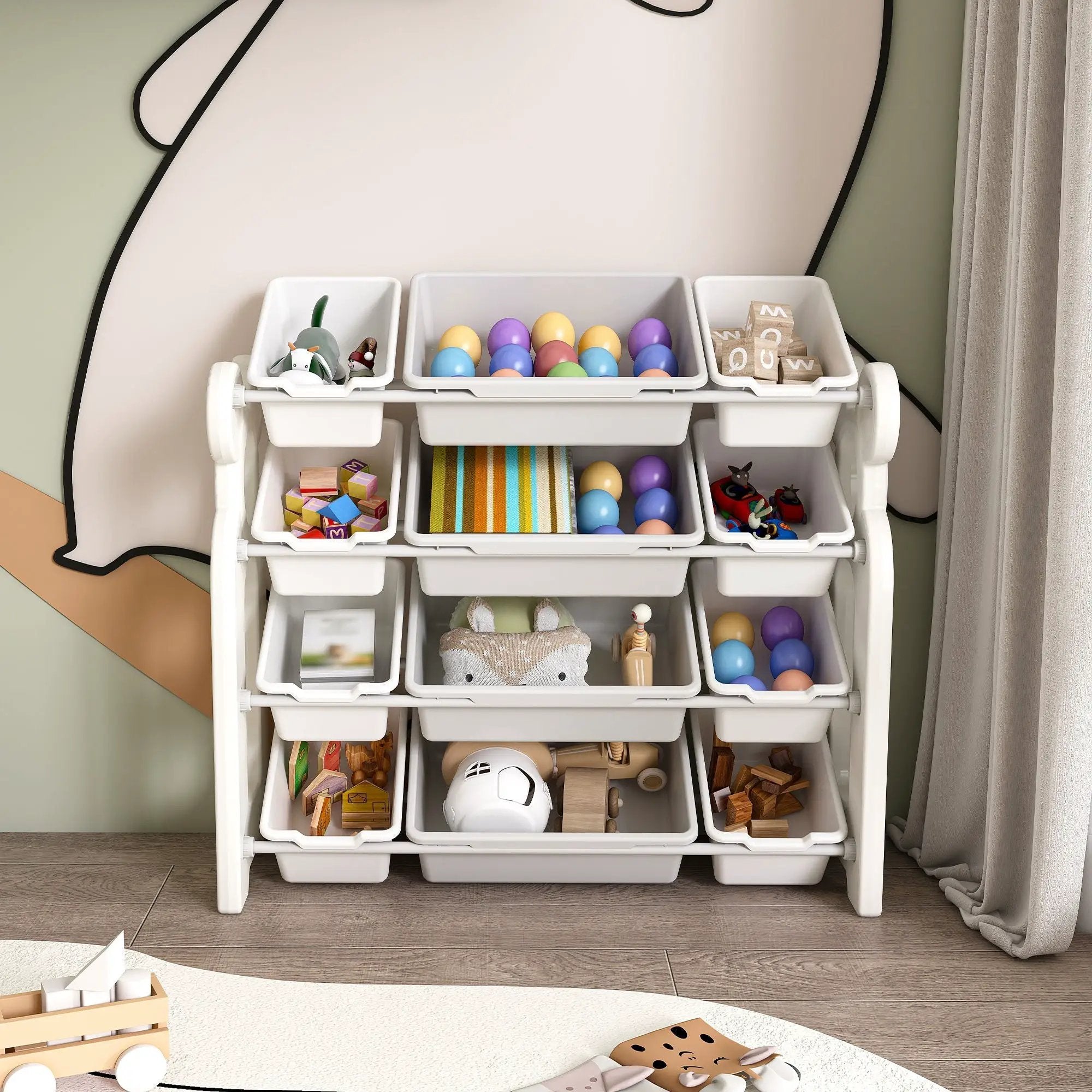 Multi Functional Kids Toy Storage Organizer Cabinet With Hdpe Shelf And 12 Bins - Gray White by HouseOfZazla