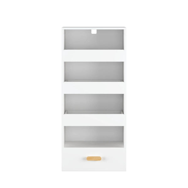4 Tier Freestanding Bookshelf With 3 Sliding Drawers And 1 Bottom Drawer - White
