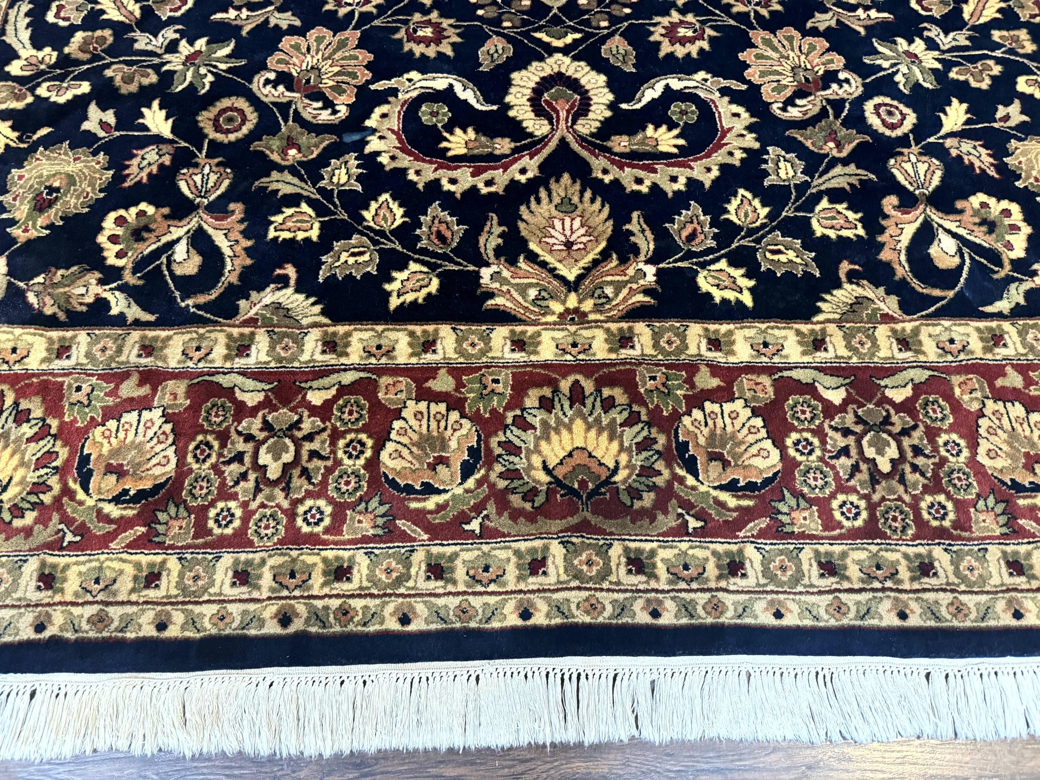 Indo Persian Rug 8x10, Navy Blue and Red, Floral Allover, Hand Knotted Vintage Wool Carpet, Indo Sarouk by Jewel Rugs