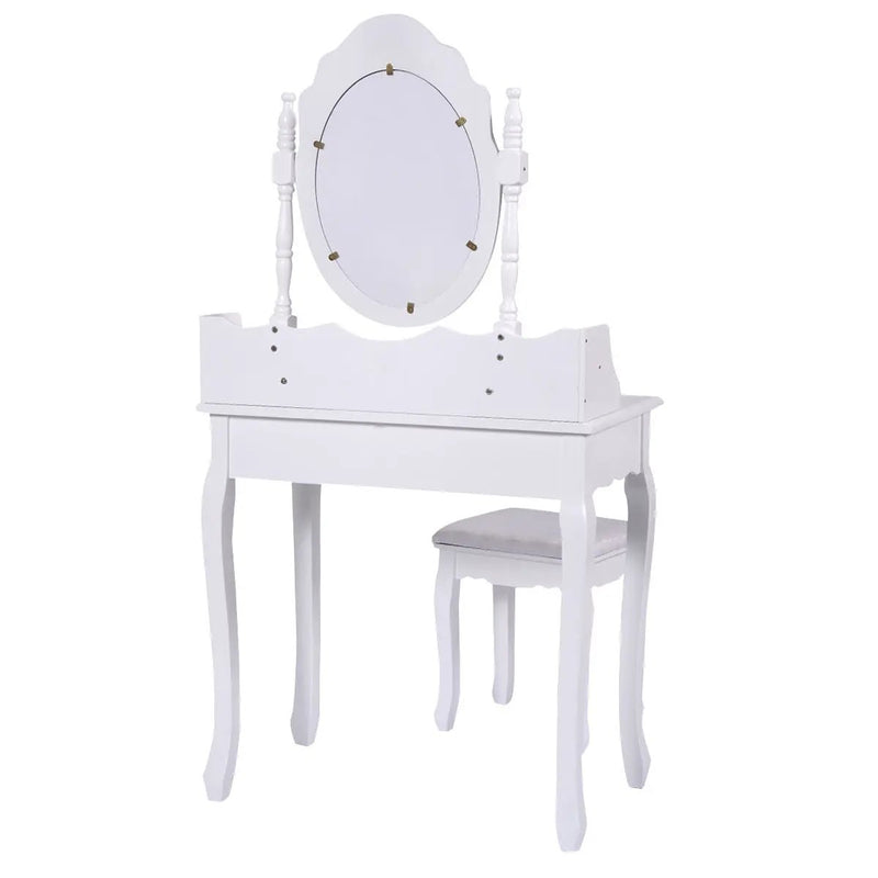 Vanity Table Set with Cushioned Stool with 360¬∞ Rotating Oval Mirror and Three Drawers-White by DirectDeals