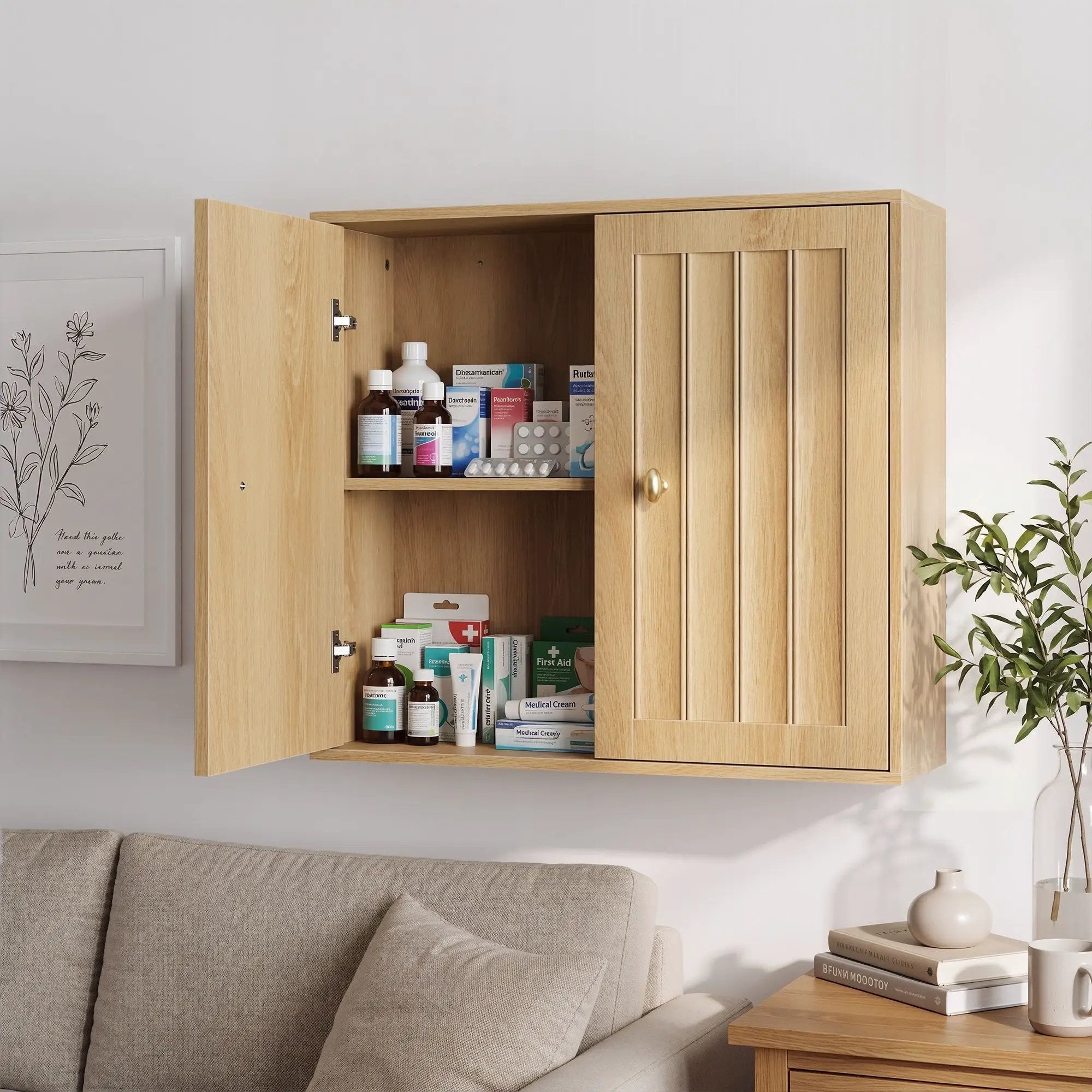 Wall Mounted Bathroom Cabinet With Double Doors And Vertical Grooved Design For Bathrooms - Oak by Unique Piece Furniture