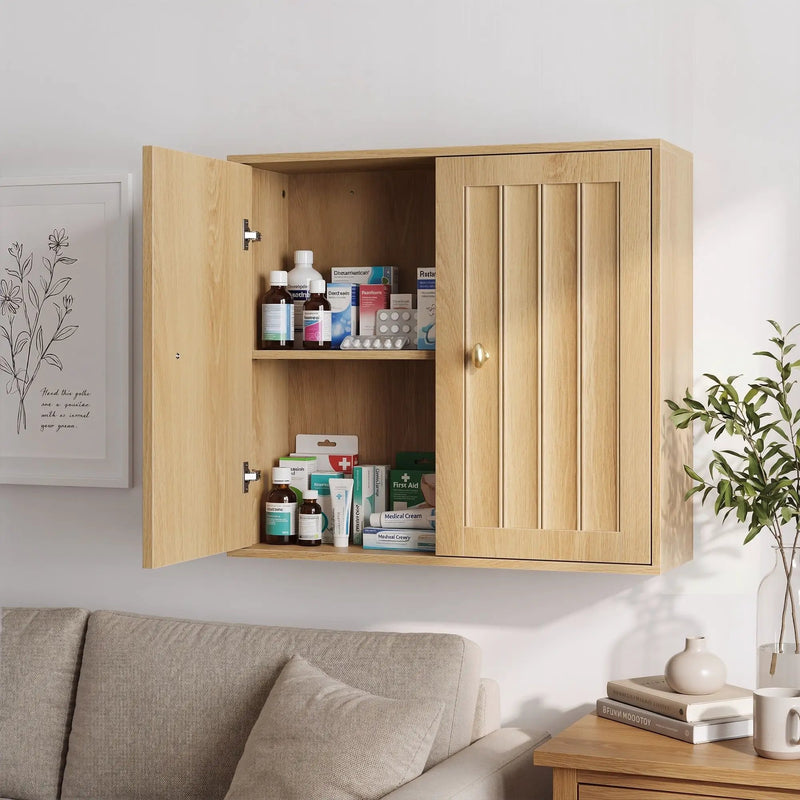 Wall Mounted Bathroom Cabinet With Double Doors And Vertical Grooved Design For Bathrooms - Oak by HouseOfZazla