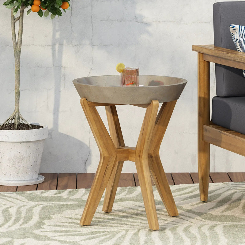 Yukon Contemporary Side Table with Lightweight Concrete Top and Acacia Wood Frame - Gray by HouseOfZazla