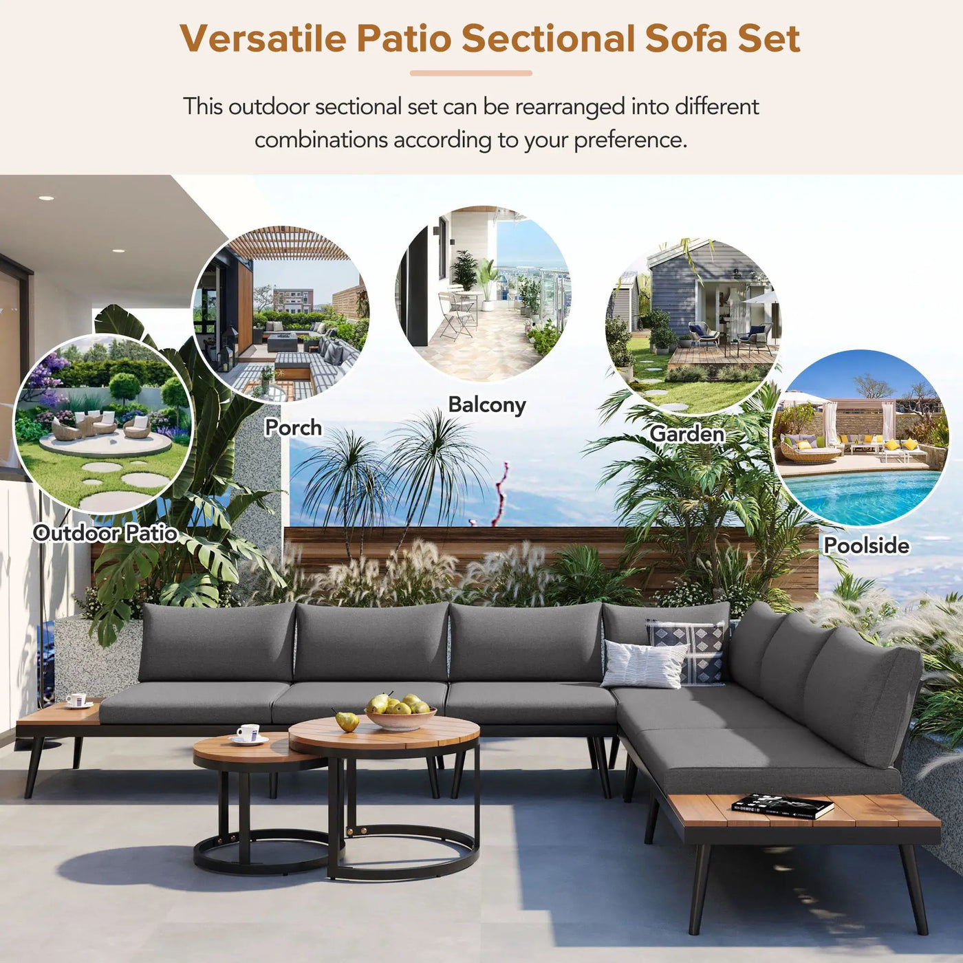 Modern Outdoor Sectional Sofa Set With Nesting Coffee Tables by HouseOfZazla