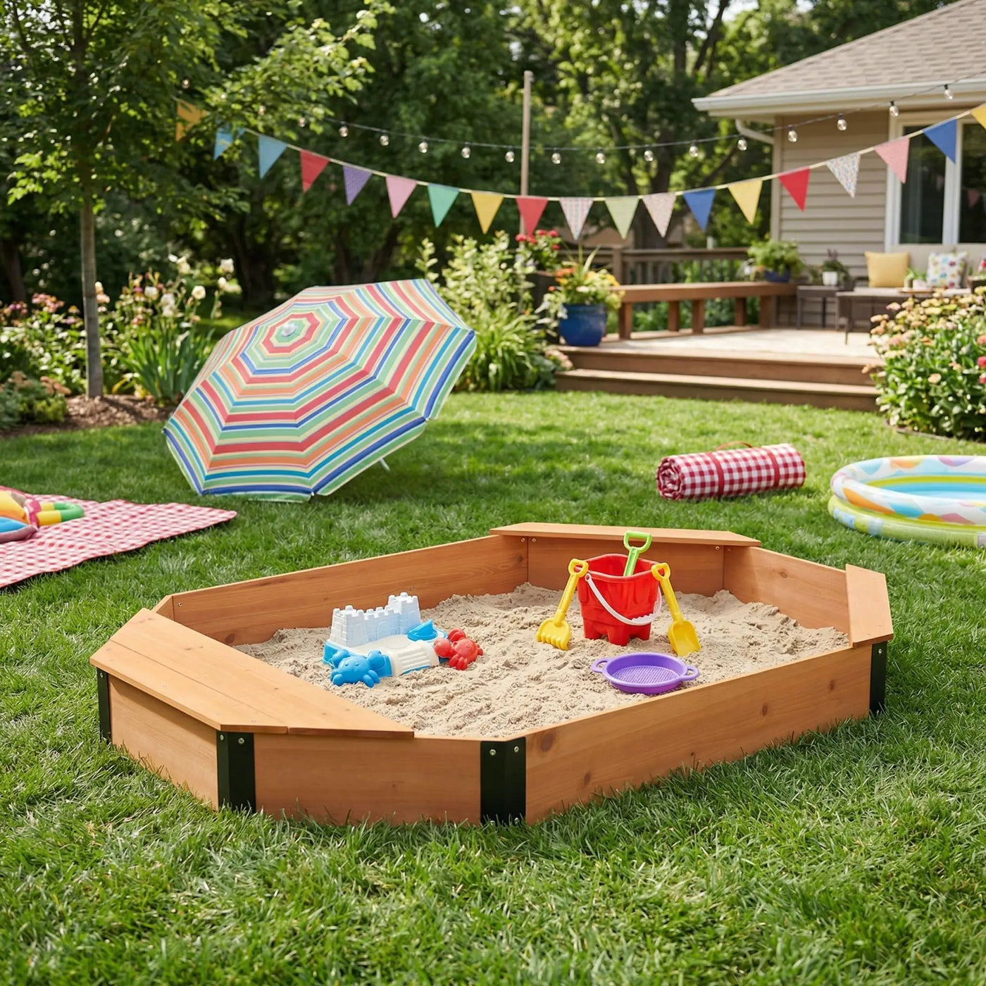 Octagon Sandbox With Storage, Sandpit With Cover And Liner For Backyard by HouseOfZazla