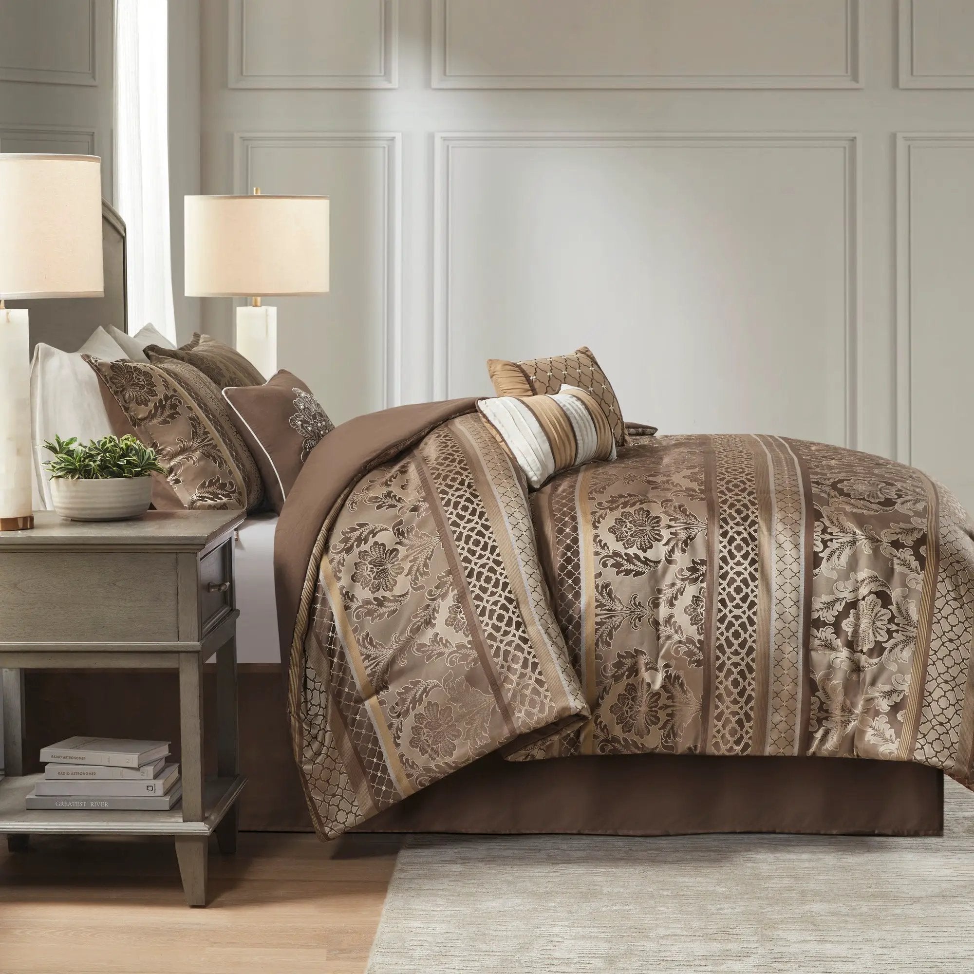 7 Piece Jacquard Comforter Set - Brown/Gold Cal King by HouseOfZazla