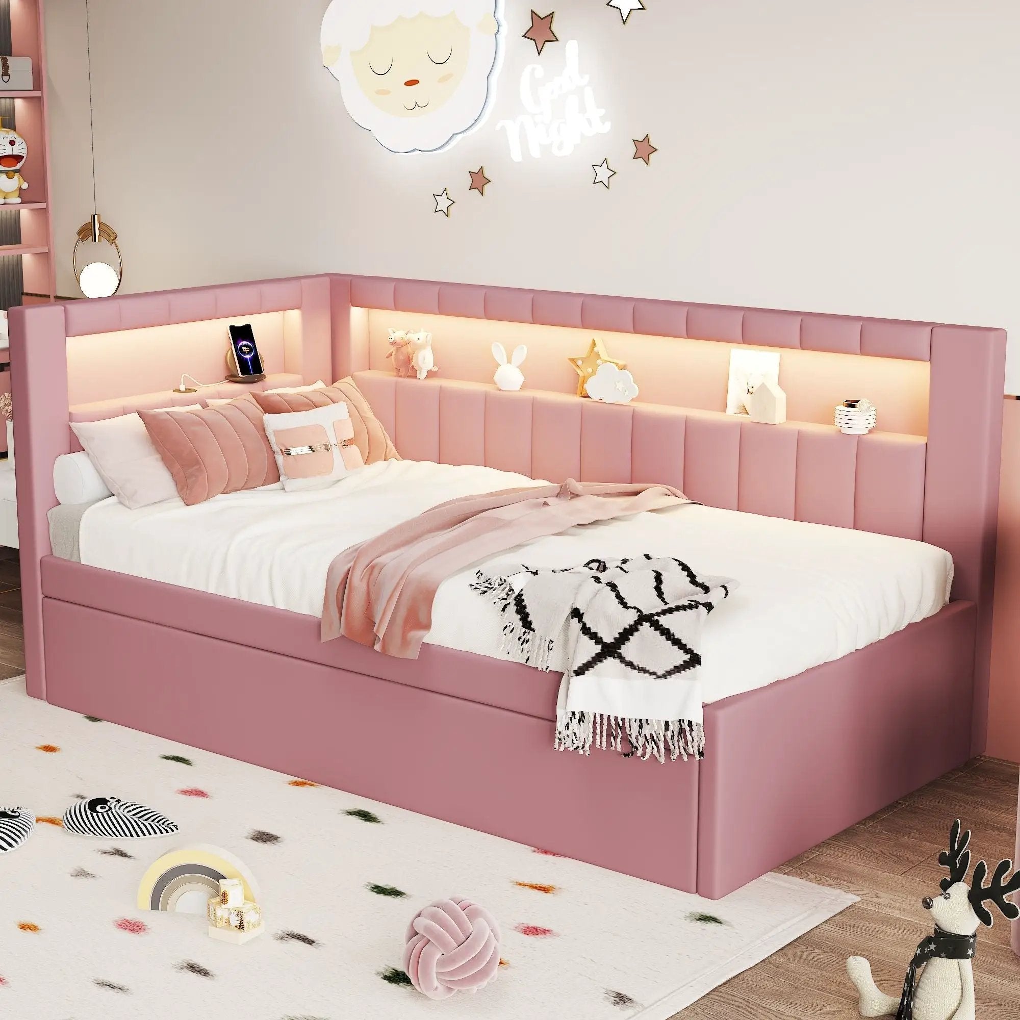 Upholstered Platform Bed With USB Ports And LED Belt
