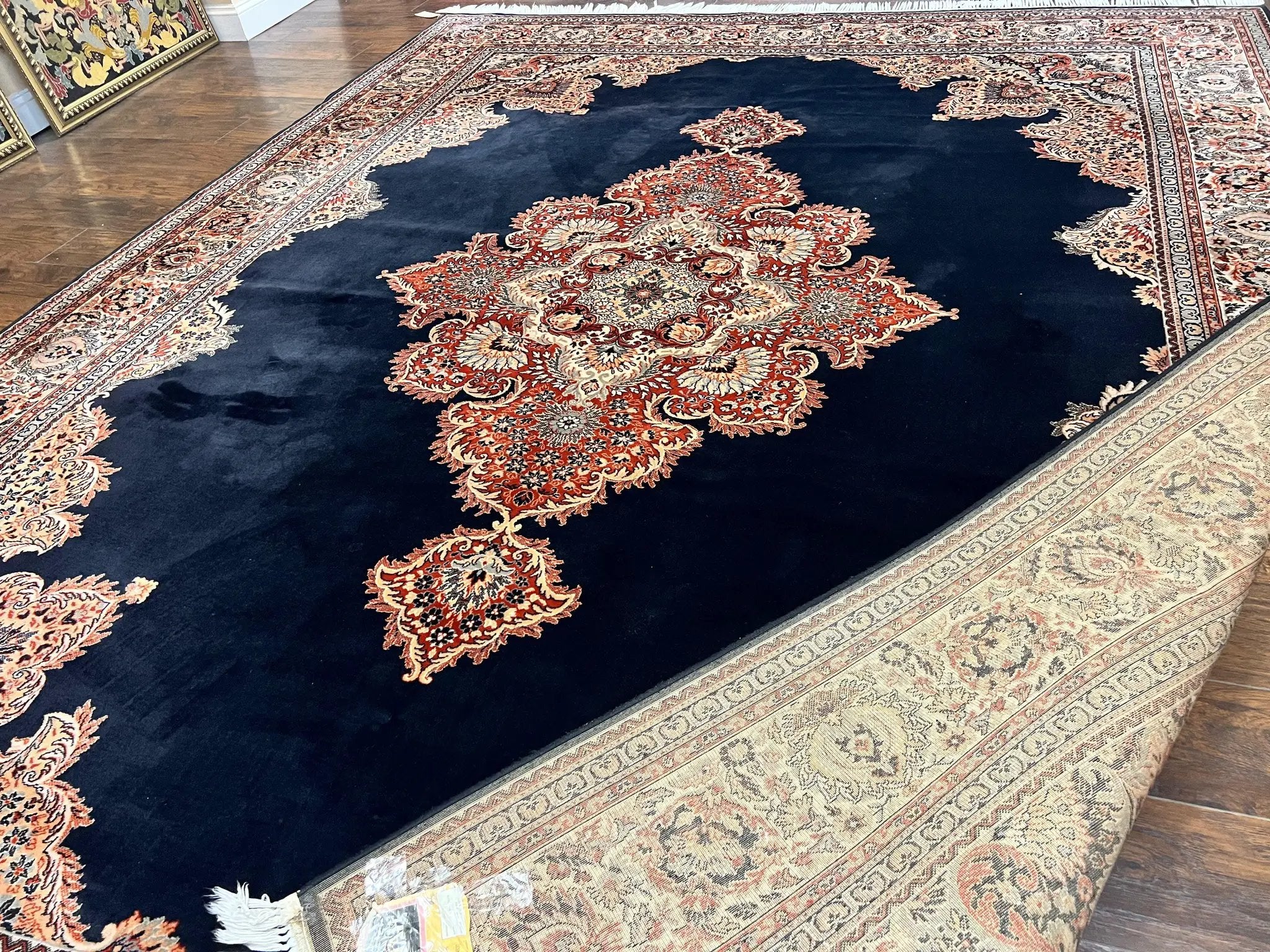 Karastan Rug 10x13, Karastan Ebony Kirman Rug, Room SIzed Wool Pile Vintage Karastan Carpet, Belgium Power Loomed Rug, Black Semi Open Field by Jewel Rugs