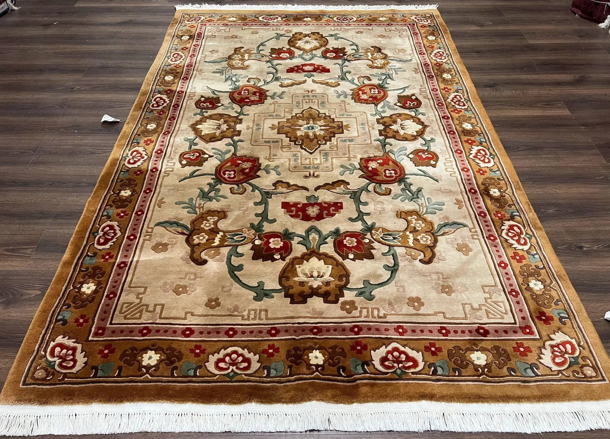 Chinese Wool Rug 5.9 x 9, Tan and Brown Asian Art Deco Carpet, Vintage 1960s Oriental Rug, Hand-Knotted Rug, Soft Wool, Medallion, Pair B by Jewel Rugs