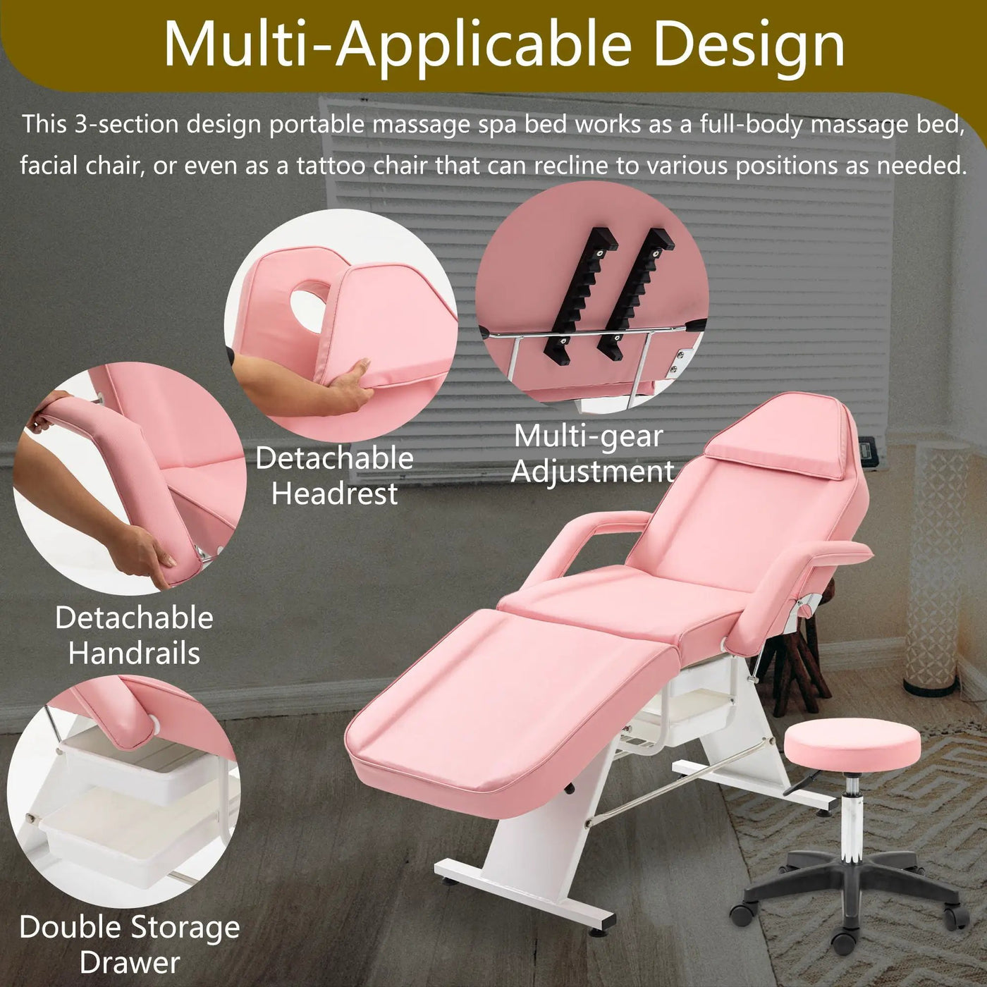 Massage Salon Tattoo Chair With Two Trays Esthetician Bed With Hydraulic Stool, Multi-Purpose 3-Section Facial Bed Table, Adjustable Beauty Barber Spa Beauty Equipment by HouseOfZazla