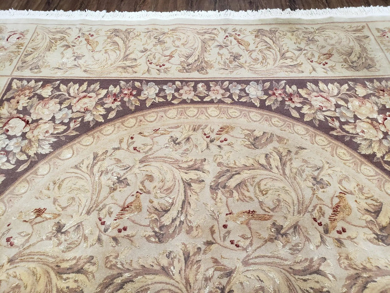 Chinese Aubusson Savonnerie Area Rug 8x12, Vintage 120 Line Carpet, Wool and Silk Hand-Knotted, Birds Flowers Master Weaver Signature by Jewel Rugs