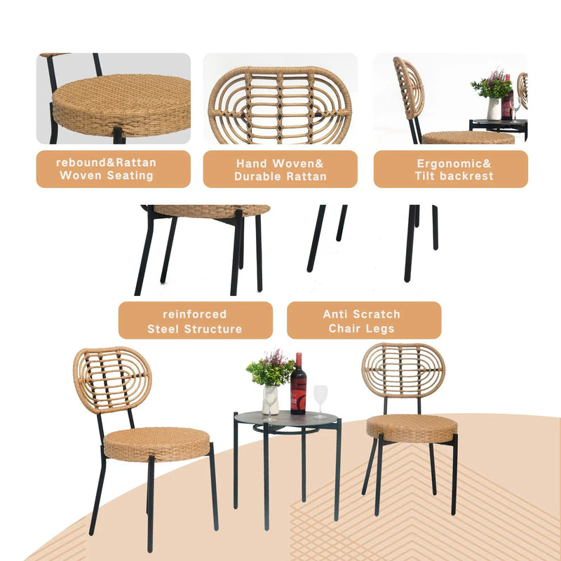 3 Pieces Of Luxury Outdoor Wicker Furniture Patio Bistro Style Table And Chair Combination, Weather Resistant PE Wicker Weave, Suitable For Garden - Black / Natural by HouseOfZazla