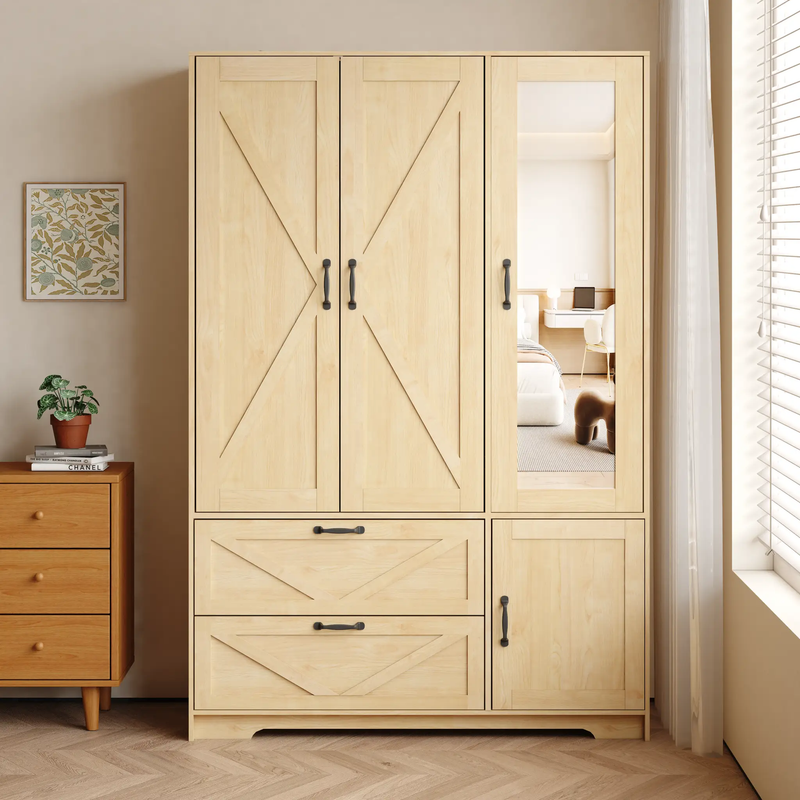 4 Doors Wardrobe Closet with Mirror, LED Lighting & Storage by HouseOfZazla