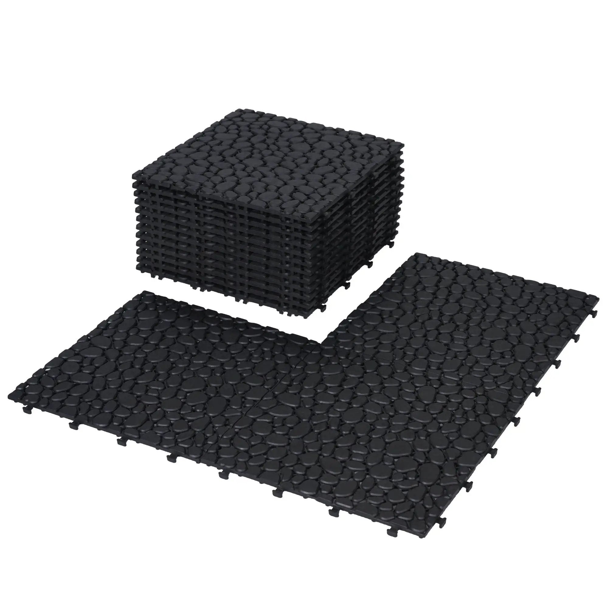 Interlocking Deck Tiles Plastic Waterproof Outdoor All Weather Anti-Slip Bathroom Shower Balcony Porch Strong Weight Capacity Upto 440 Lbs, Pebble Stone Pattern by HouseOfZazla