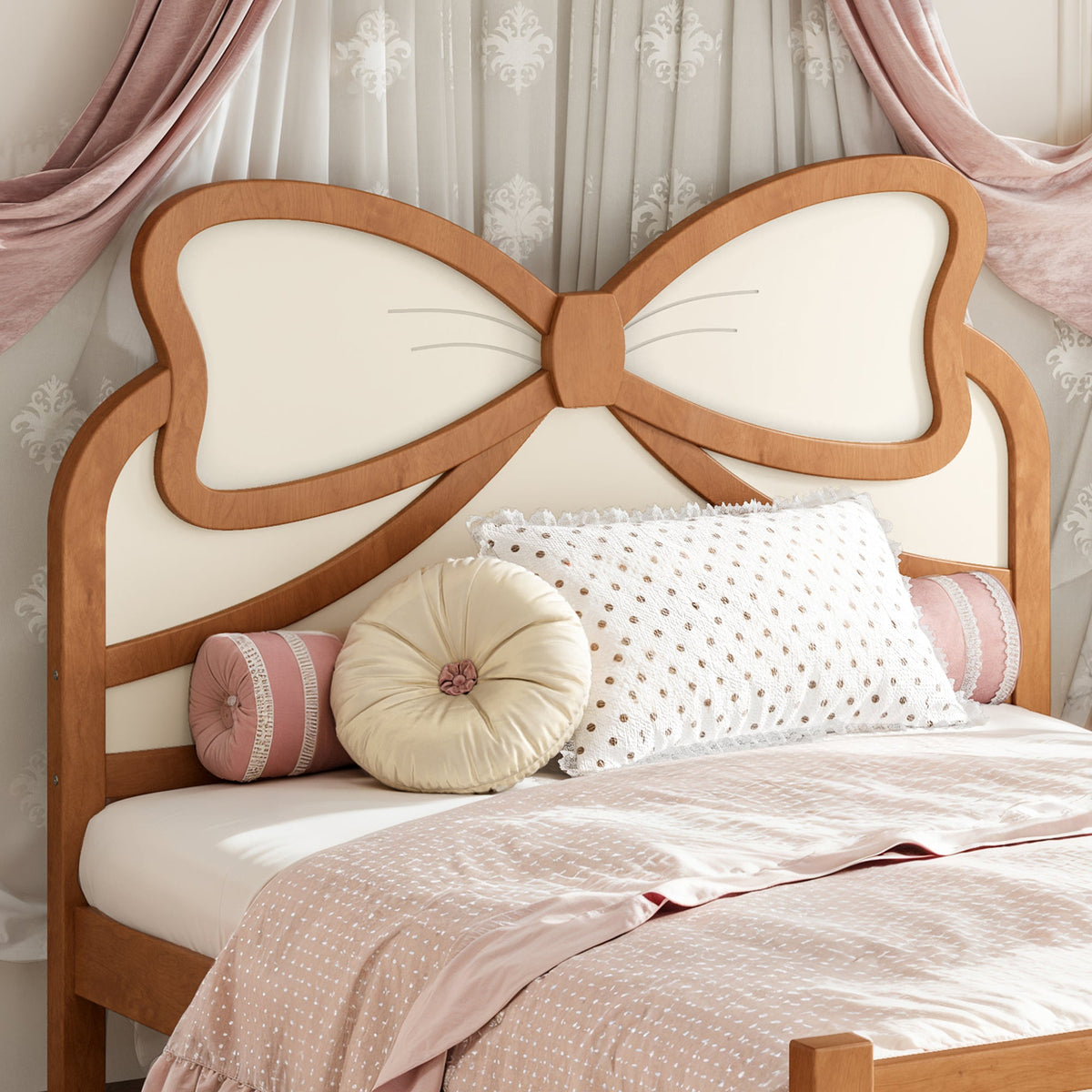 Full Size Wooden Platform Bed with Bow Headboard, Solid Wood Bed Frame with Slatted Support, Low Profile Platform Bed for Kid Teens Girls, No Box Spring Needed,Beige&Natural, photo 6 of 10