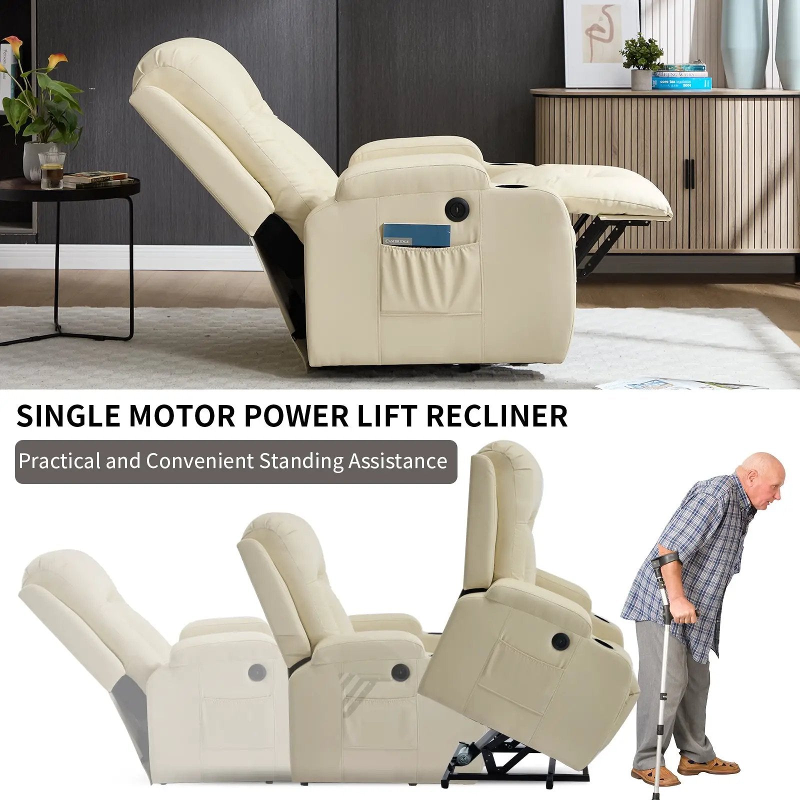 Beige PU Infinite Position Power Lift Recliner Chair by HouseOfZazla