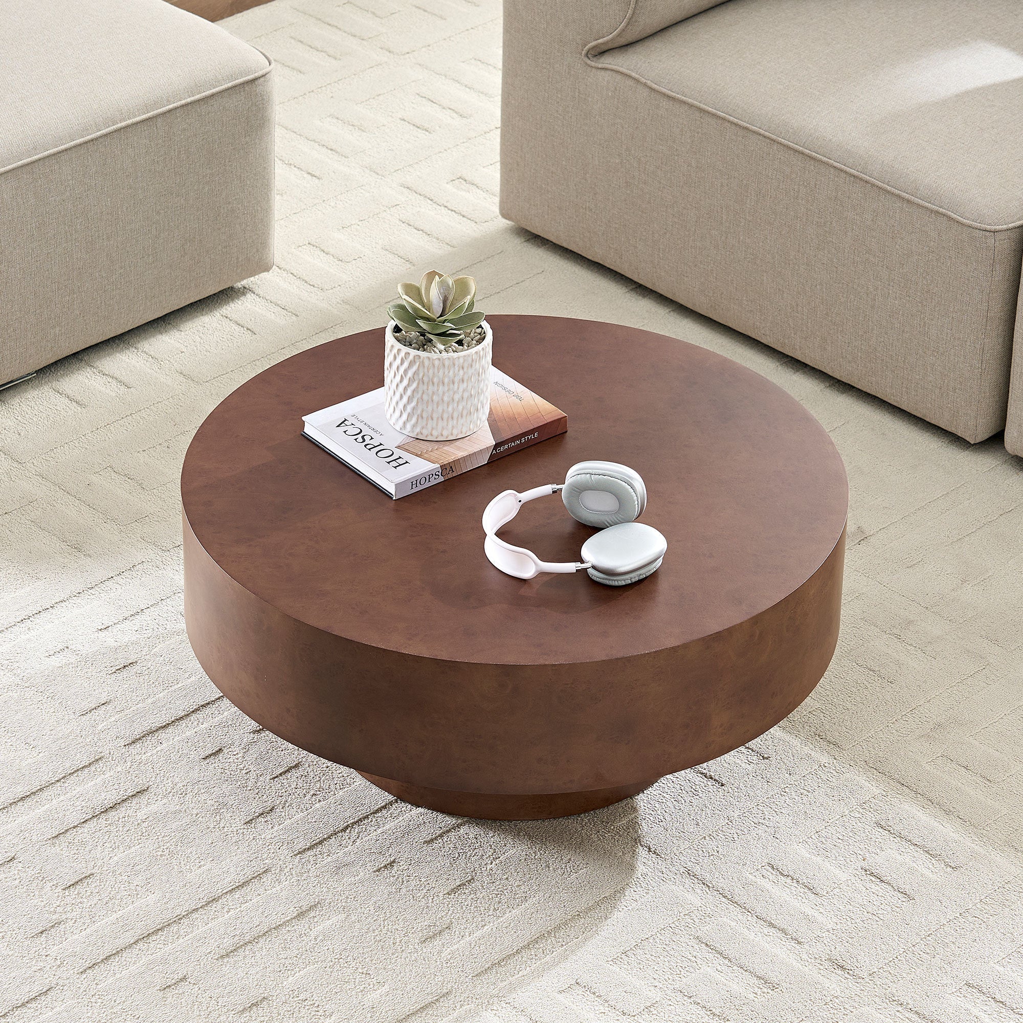 31.49'' Faux Burl Wood Pattern Round Coffee Table with Sturdy Pedestal by HouseOfZazla