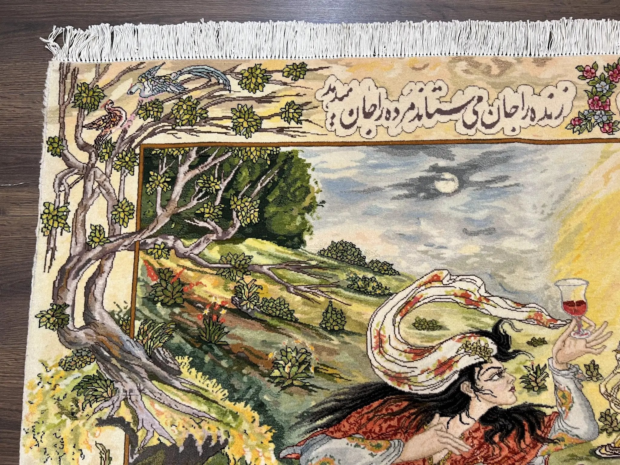 Persian Tabriz Pictorial Rug 5x3, Hafez Poetry In Border, Very Fine Hand Knotted Carpet, Wall Hanging Wool Oriental Carpet 3x5, Highly Detailed by Jewel Rugs