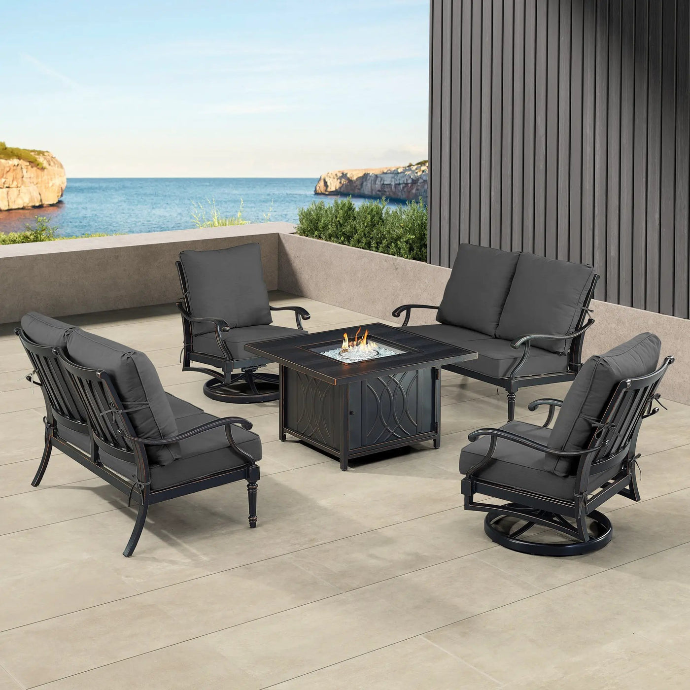 Black Aluminum Fire Table Set with Two Loveseats and Two Club Chairs by Sharicks
