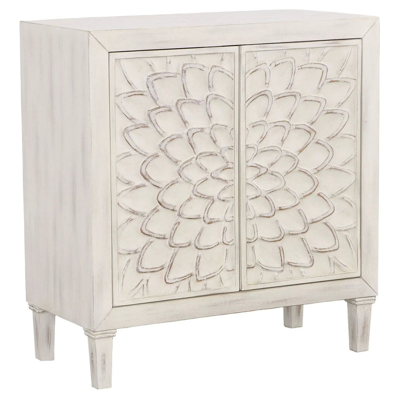 2 Door Accent Cabinet With Floral Carving Storage Furniture - White by HouseOfZazla