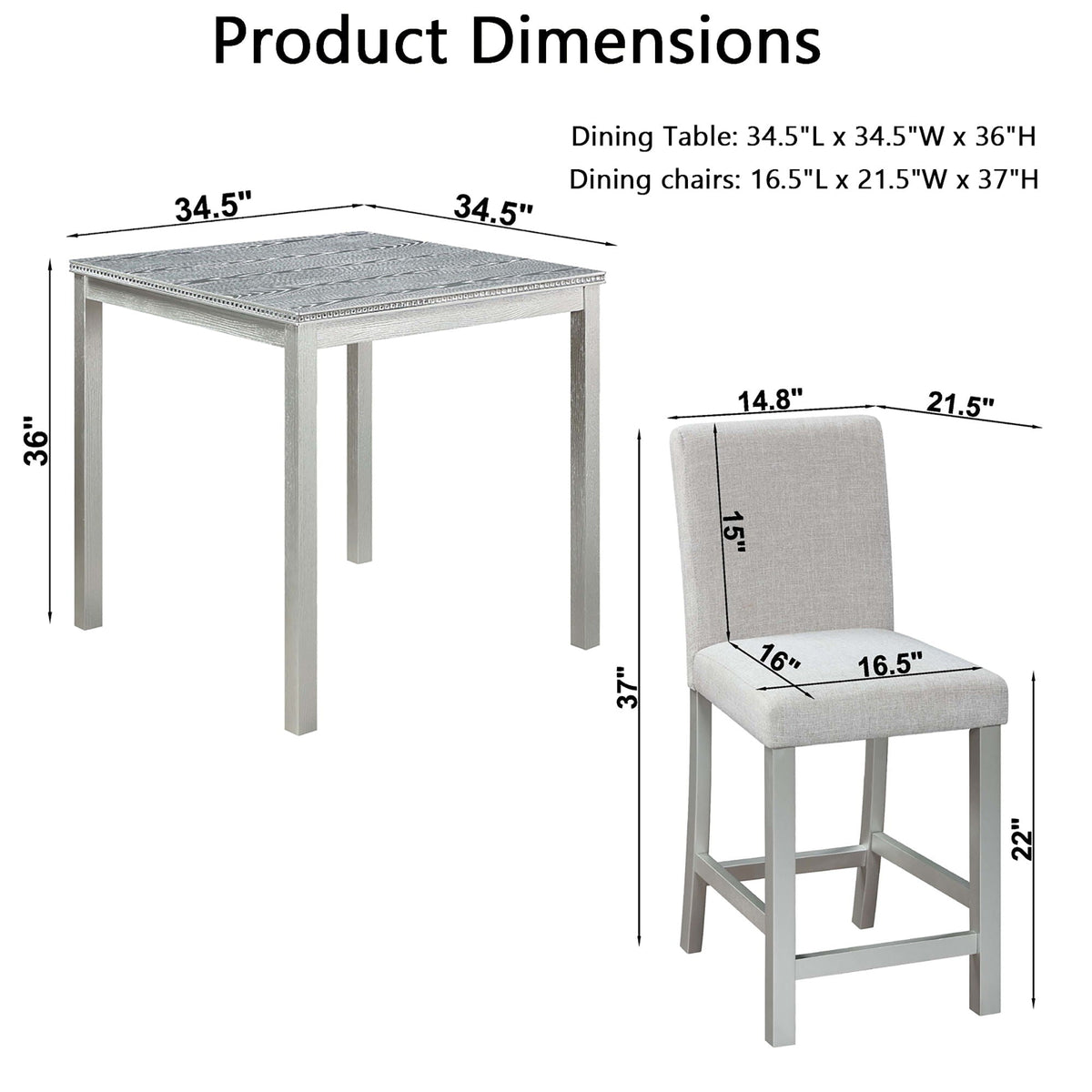 Counter Height 5 Piece Dining Table Set with Upholstered Chairs - Gray, White, Dark Gray, photo 11 of 12