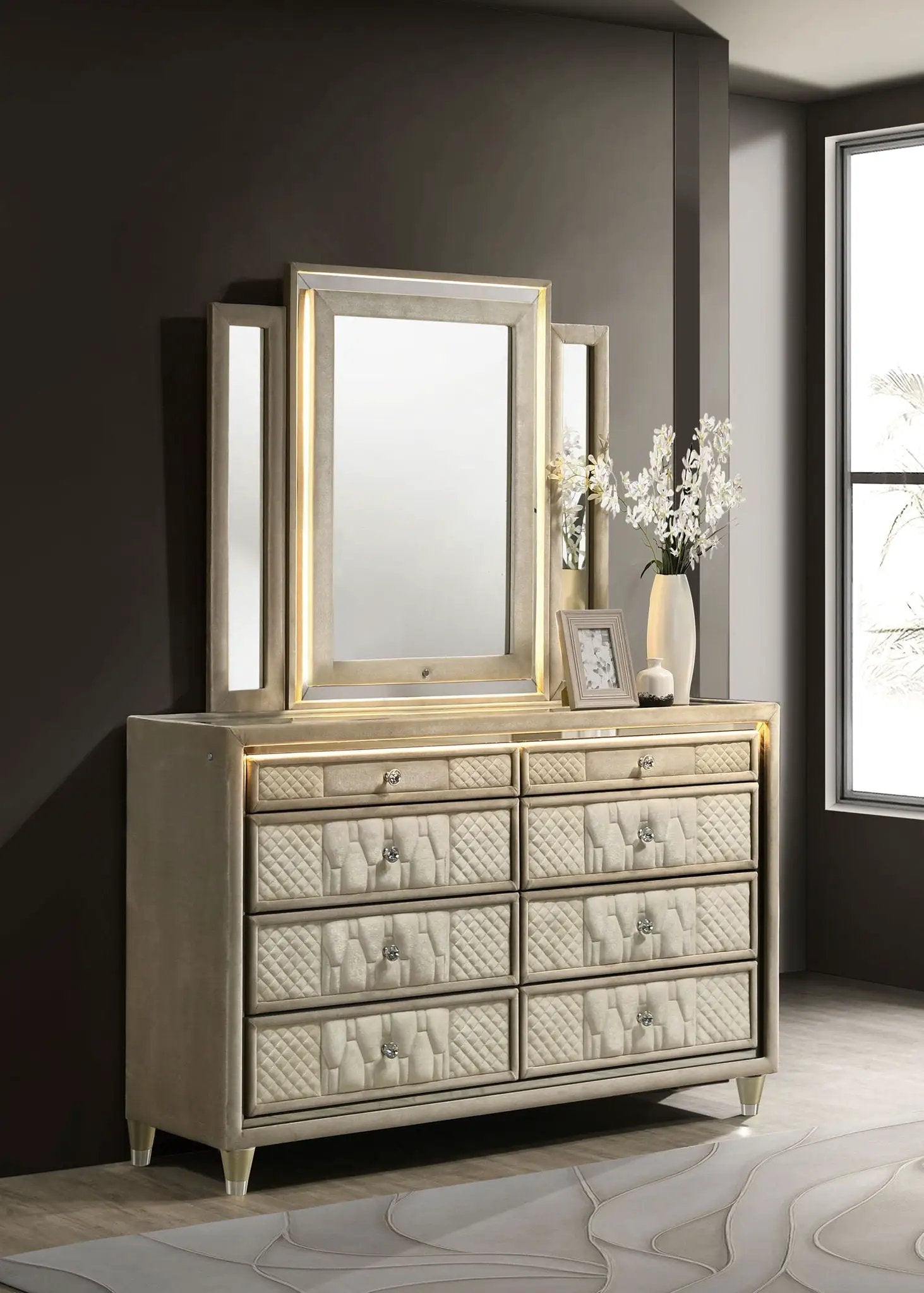 Lorient 8-drawer LED Dresser with Mirror Ivory and Camel by Unique Piece Furniture