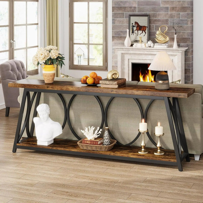 Extra Long Console Table With 2 Tier Storage Shelves For Living Entryway - Brown / Black by HouseOfZazla