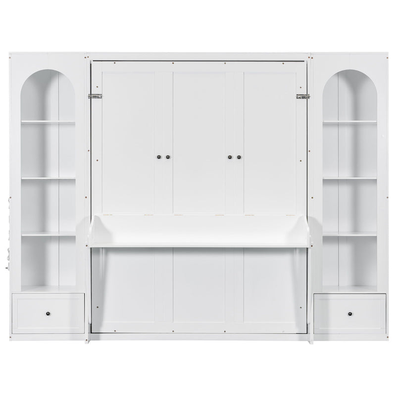 French Style Murphy Platform Bed With Shelf, Side Cabinets, Drawers And LED