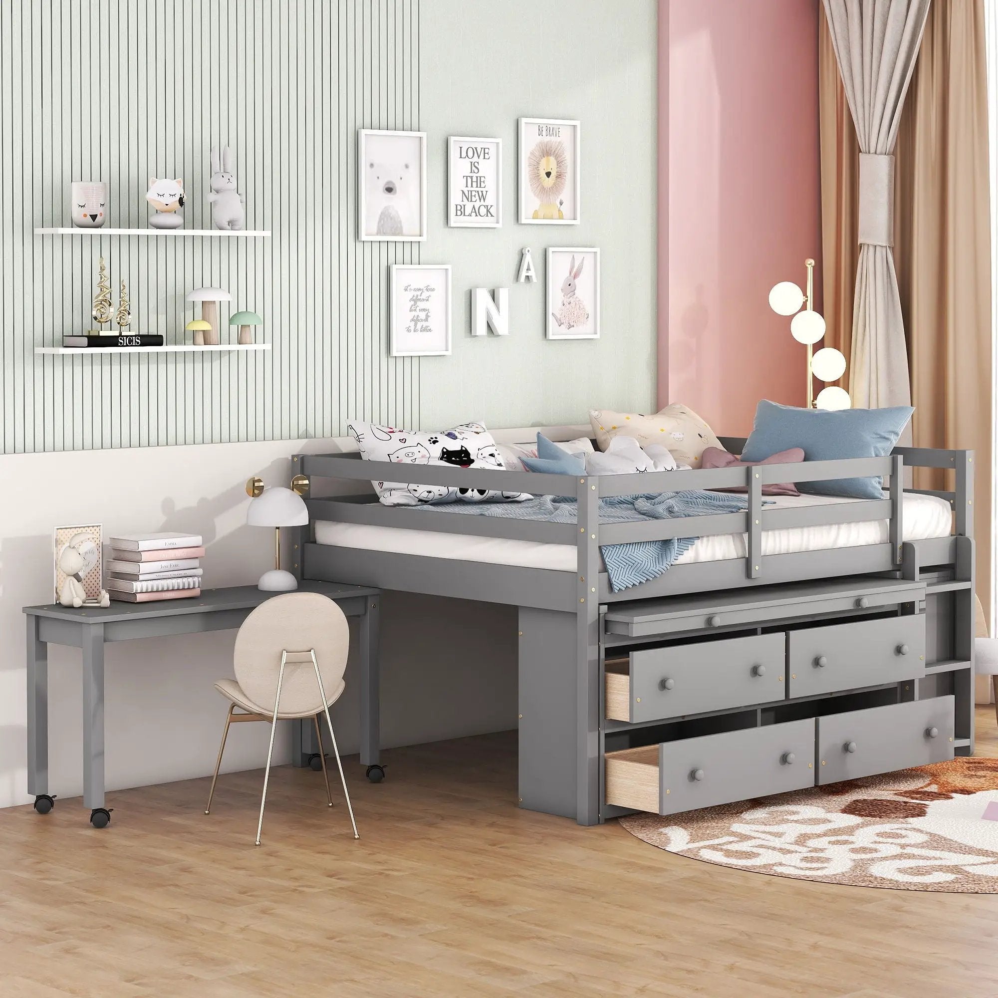Loft Bed With Retractable Writing Desk And 4 Drawers, With Lateral Portable Desk And Shelves by HouseOfZazla