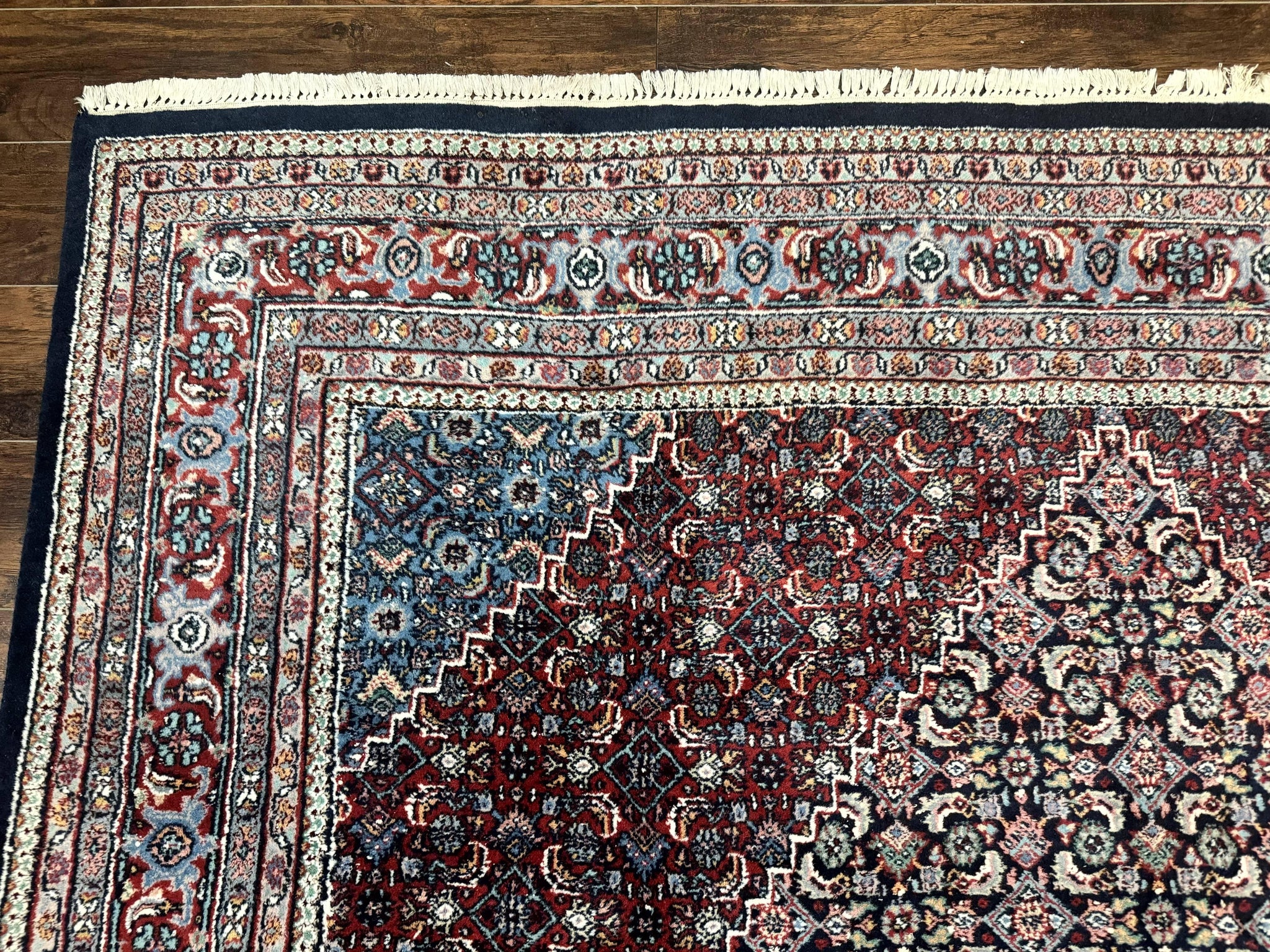 Indo Persian Bidjar Rug 8x11, Herati Mahi Pattern, Red Navy Blue, Handmade Vintage Wool Carpet by Jewel Rugs