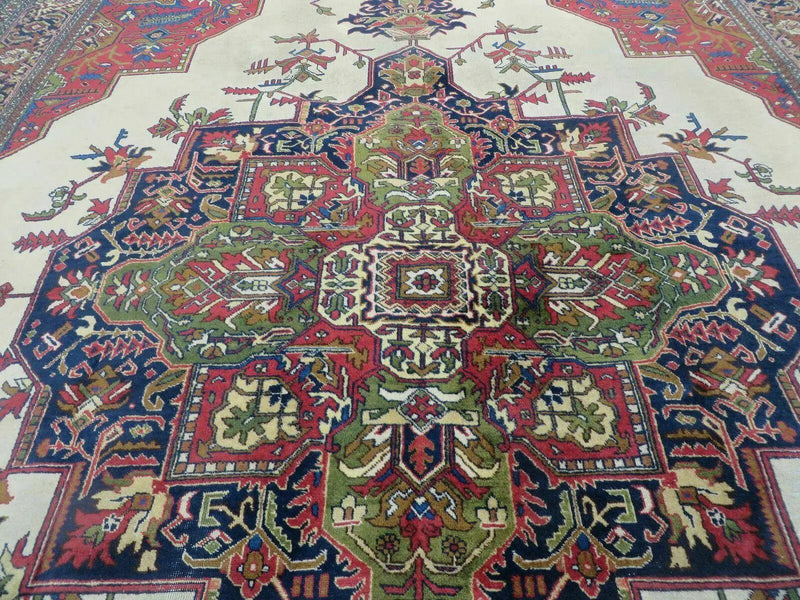 Persian Tabriz Rug 10x13 Oriental Carpet, Ivory Open Field, Geometric Medallion, Red Blue, Hand Knotted, Large Wool Area Rug Vintage Antique 1950s by Jewel Rugs