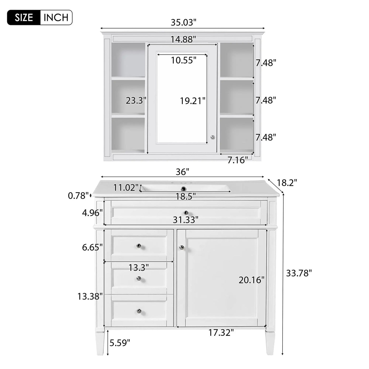 Bathroom Vanity With Mirror Cabinet, Single Sink With 2 Soft Closing Doors And 4 Drawers by HouseOfZazla