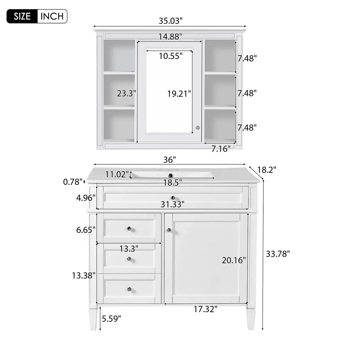 Bathroom Vanity With Mirror Cabinet, Single Sink With 2 Soft Closing Doors And 4 Drawers, photo 25 of 35
