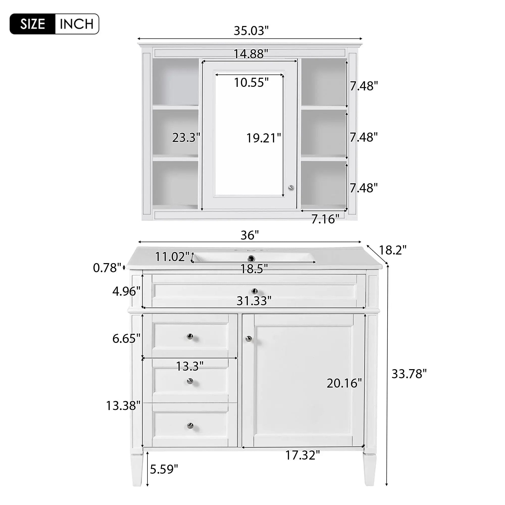 Bathroom Vanity With Mirror Cabinet, Single Sink With 2 Soft Closing Doors And 4 Drawers by HouseOfZazla
