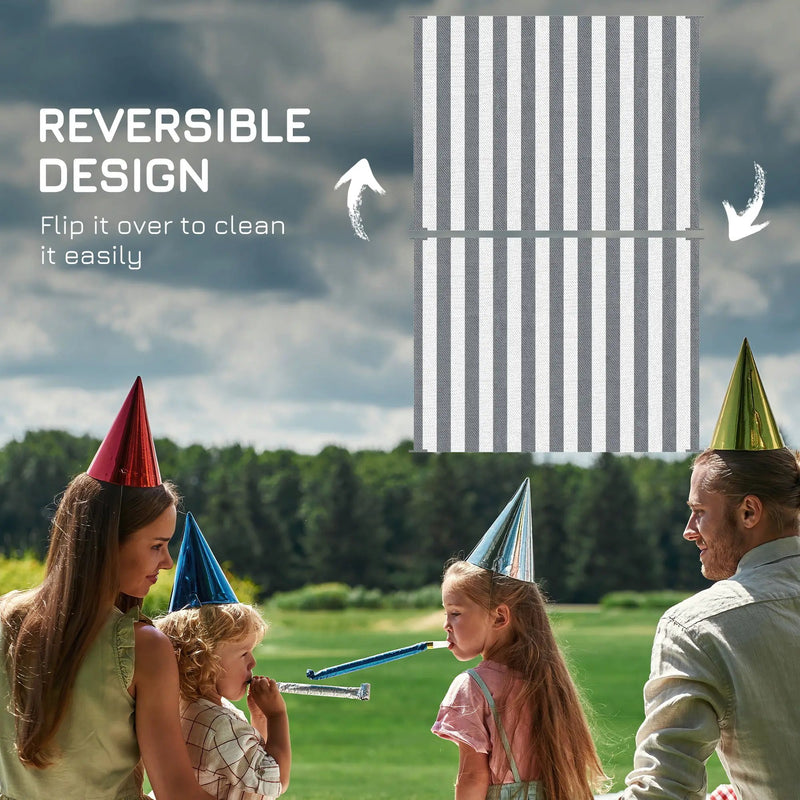 Outsunny - Reversible Outdoor Rug, 9' x 12' Waterproof Plastic Straw Floor Mat, Portable Rv Camping Carpet With Carry Bag, Large Floor Mat For Backyard, Deck, Picnic, Beach - Gray & White Striped by Unique Piece Furniture