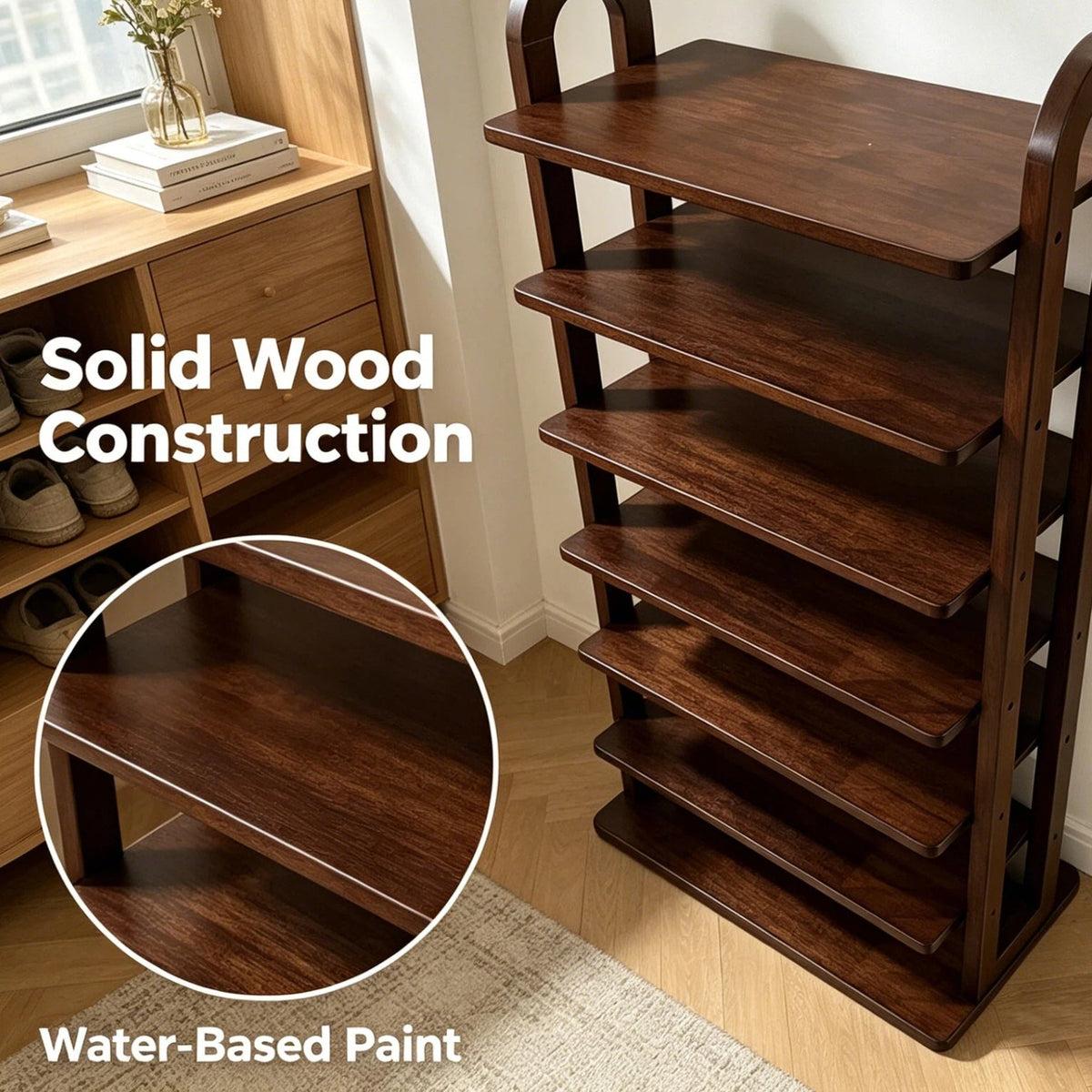 Solid Wood 7-Tier Shoe Rack with Vertical Organizer - Natural Wood, photo 3 of 7