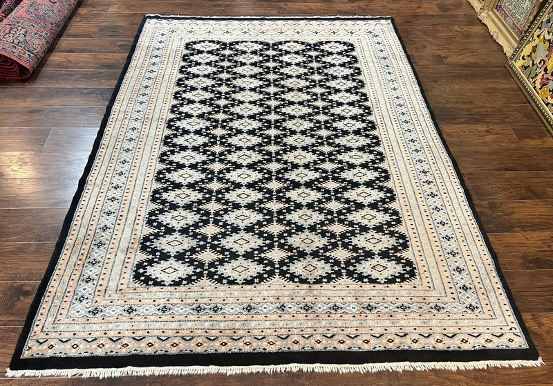 Pakistani Bokhara Rug 6x9, Hand Knotted Vintage Wool Carpet with Silk Highlights, Very Fine 320 KPSI, Medium Size by Jewel Rugs