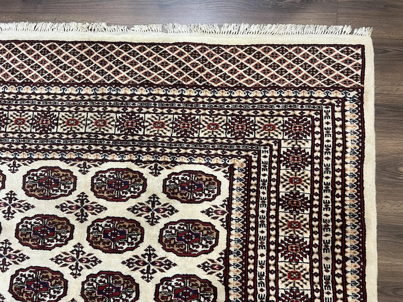 Pakistani Turkoman Rug 6x9, Cream and Red Hand Knotted Wool Oriental Carpet, Yamud Rug, Tribal Rug 6 x 9, Bohemian Area Rug, Bokhara Rug by Jewel Rugs