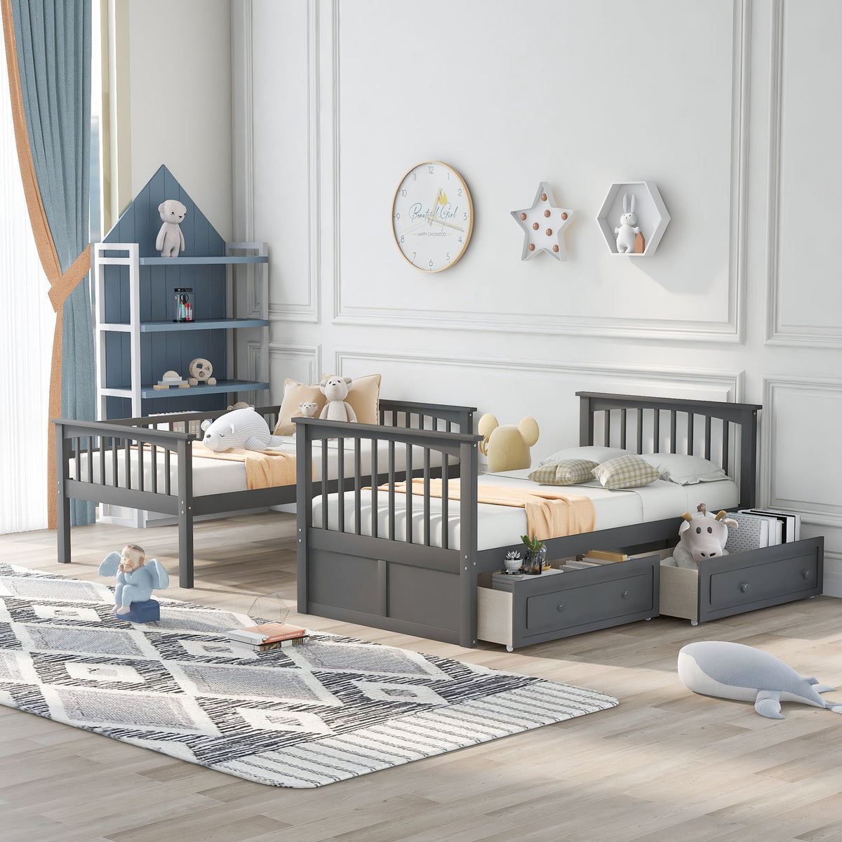 Twin Over Twin Bunk Bed with Drawers - Convertible, Solid Pine Wood - White or Dark Gray, photo 13 of 16