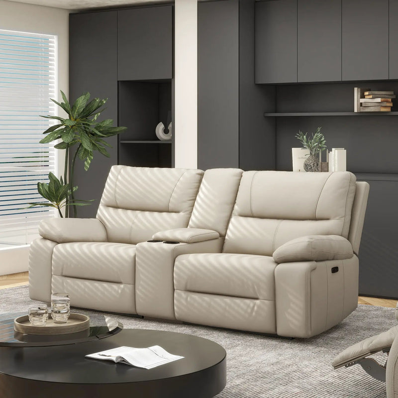 Malibu - Modern Power Motion 3 Piece Reclining Loveseat Sofa With Cup Holders - Cream Taupe Beige by HouseOfZazla
