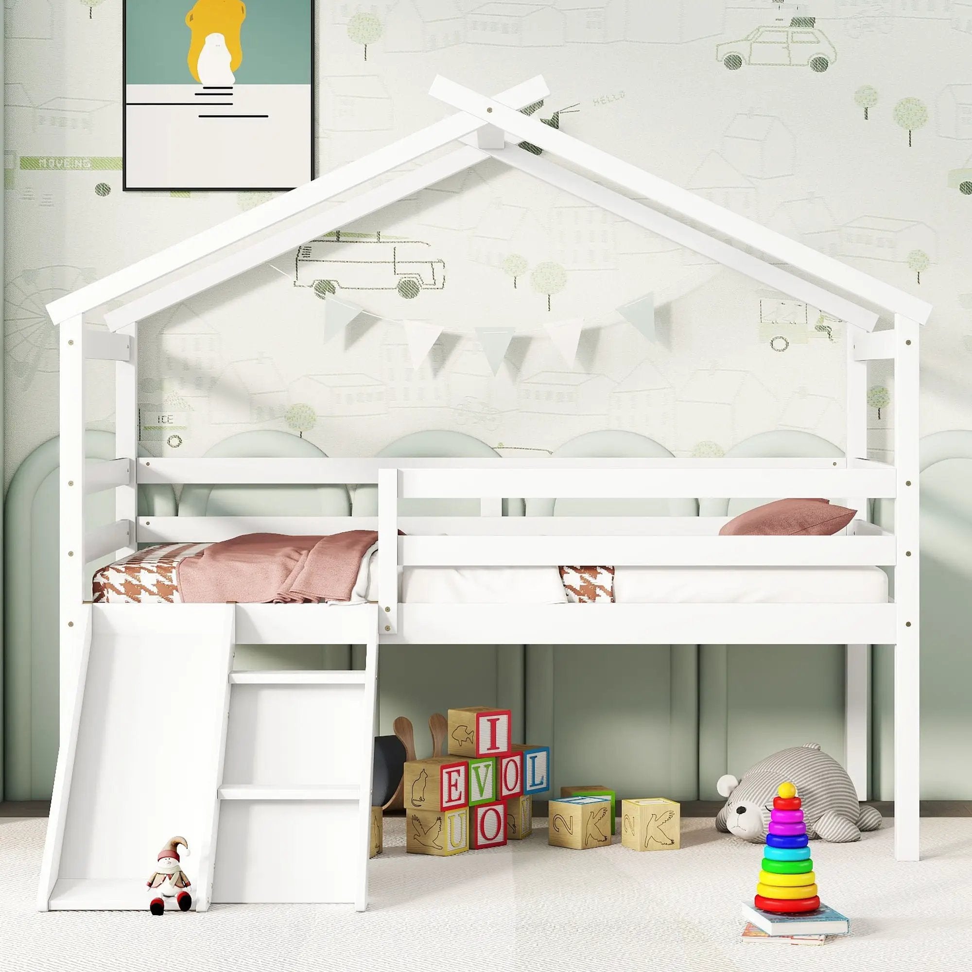 Low Loft House Bed With Slide, Ladder, Safety Guardrails, House Roof Frame by HouseOfZazla