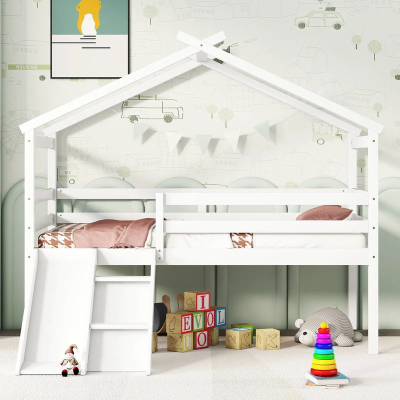 Low Loft House Bed With Slide, Ladder, Safety Guardrails, House Roof Frame by HouseOfZazla